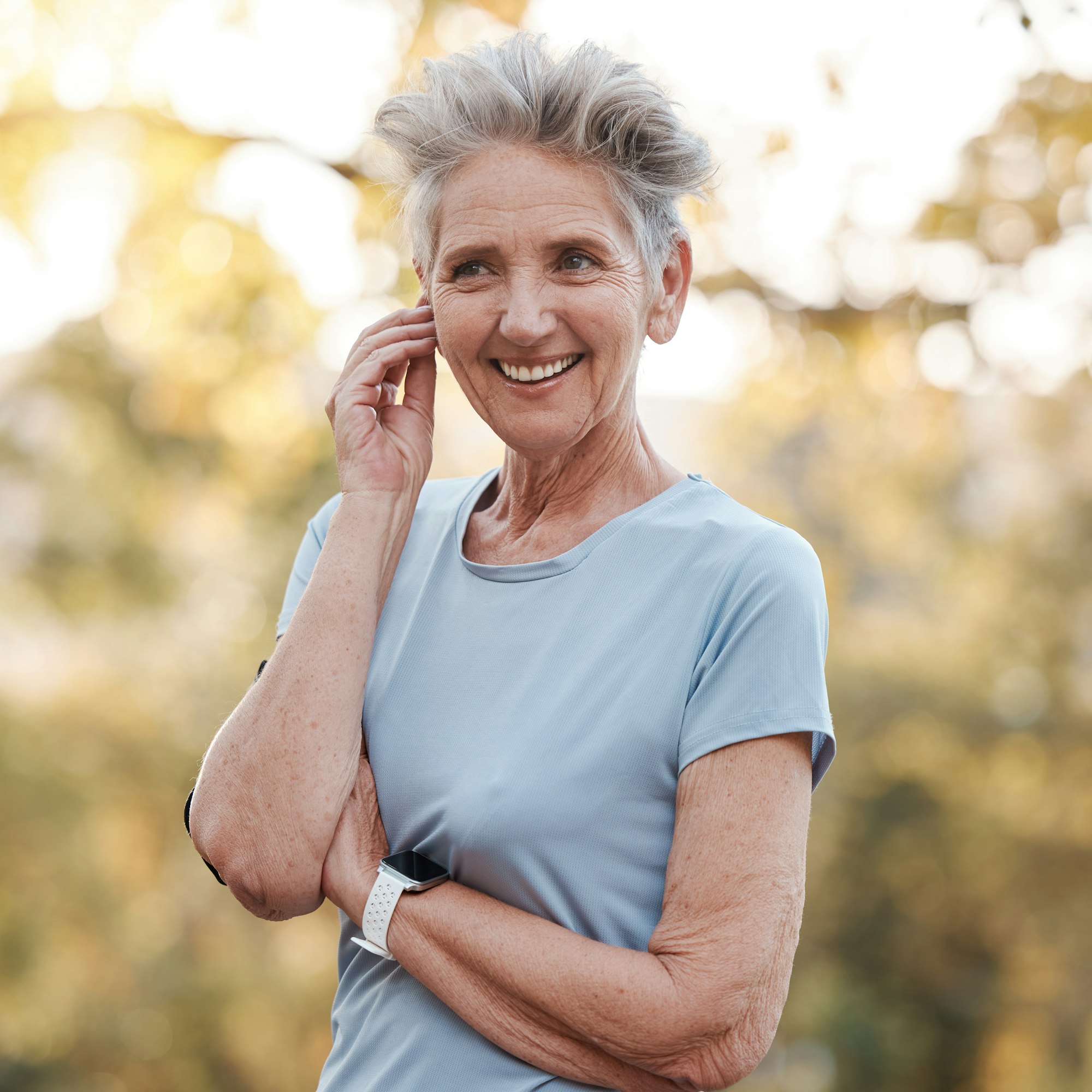 Senior woman, happy and smile for outdoor exercise, healthy fitness workout and lifestyle motivati